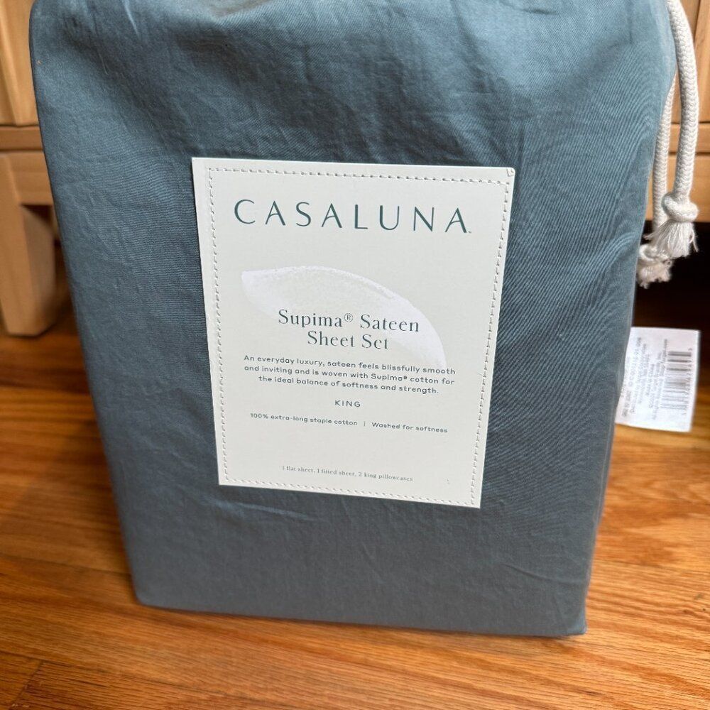 CASALUNA Thread Count‎ Washed Supima Sateen Light Teal Solid Sheet Set NWT king - Picture 6 of 8